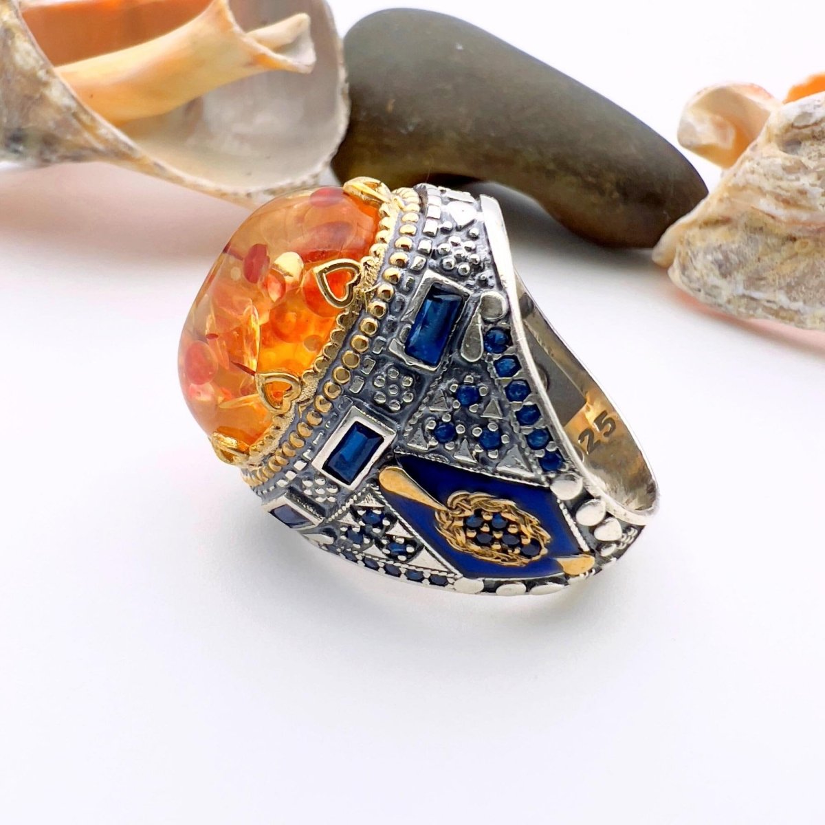 Men's Handmade Turkish 925 Sterling Silver Orange Amber Gemstone Ring - TryAladdin