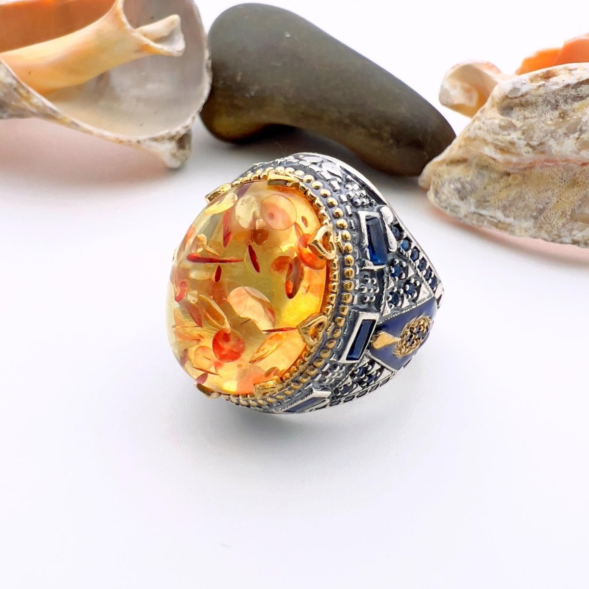 Men's Handmade Turkish 925 Sterling Silver Orange Amber Gemstone Ring - TryAladdin