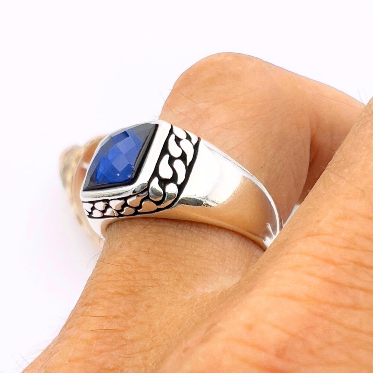 Men's Handmade Turkish 925 Sterling Silver Sapphire Squared Stone Ring - TryAladdin