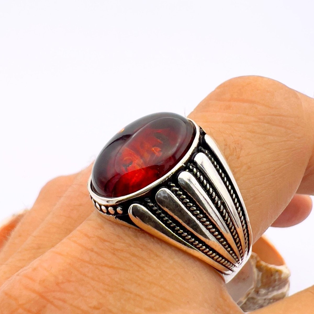 Men's Handmade Turkish Red Amber Ring - 925 Sterling Silver Oval Statement Jewelry Gift - TryAladdin