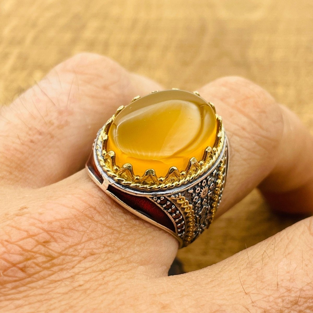 Men's Handmade Turkish Yellow Agate Oval Ring | 925 Sterling Silver Statement Jewelry - TryAladdin
