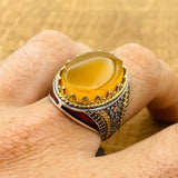 Men's Handmade Turkish Yellow Agate Oval Ring | 925 Sterling Silver Statement Jewelry - TryAladdin