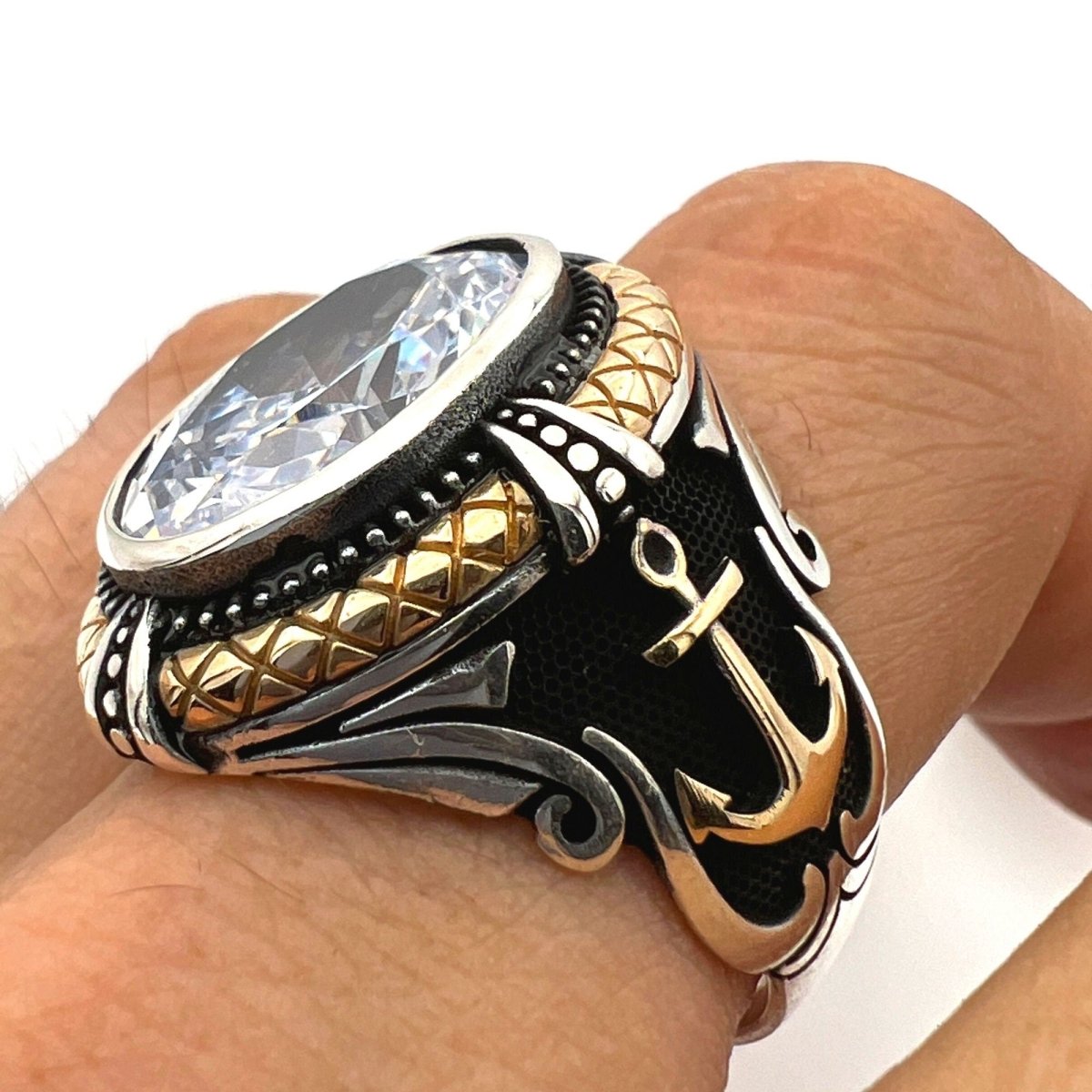 Men's Handmade White Zircon Stone Anchor Ring