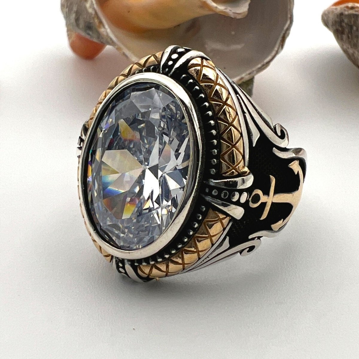 Men's Handmade White Zircon Stone Anchor Ring