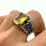 Men's Handmade Yellow Citrine Square Stone Silver Ring