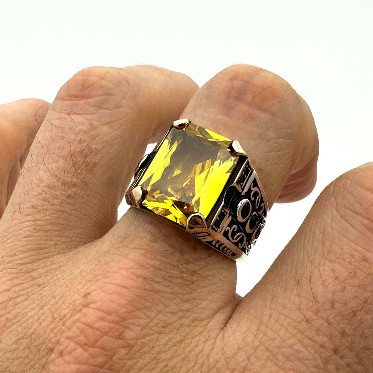 Men's Handmade Yellow Citrine Square Stone Silver Ring