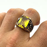 Men's Handmade Yellow Citrine Square Stone Silver Ring