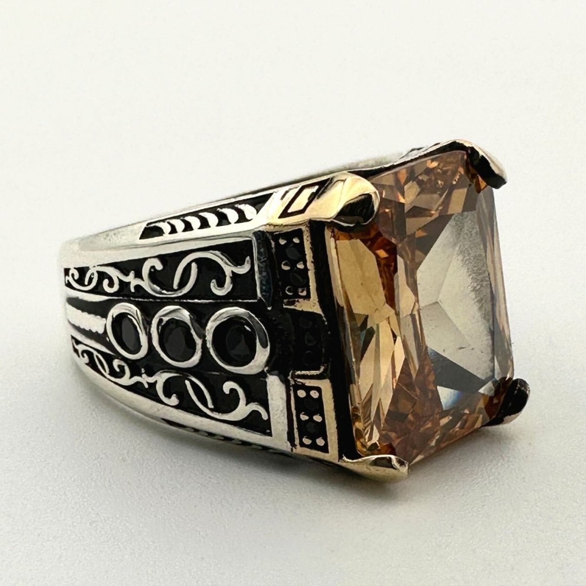 Men's Handmade Yellow Citrine Square Stone Silver Ring