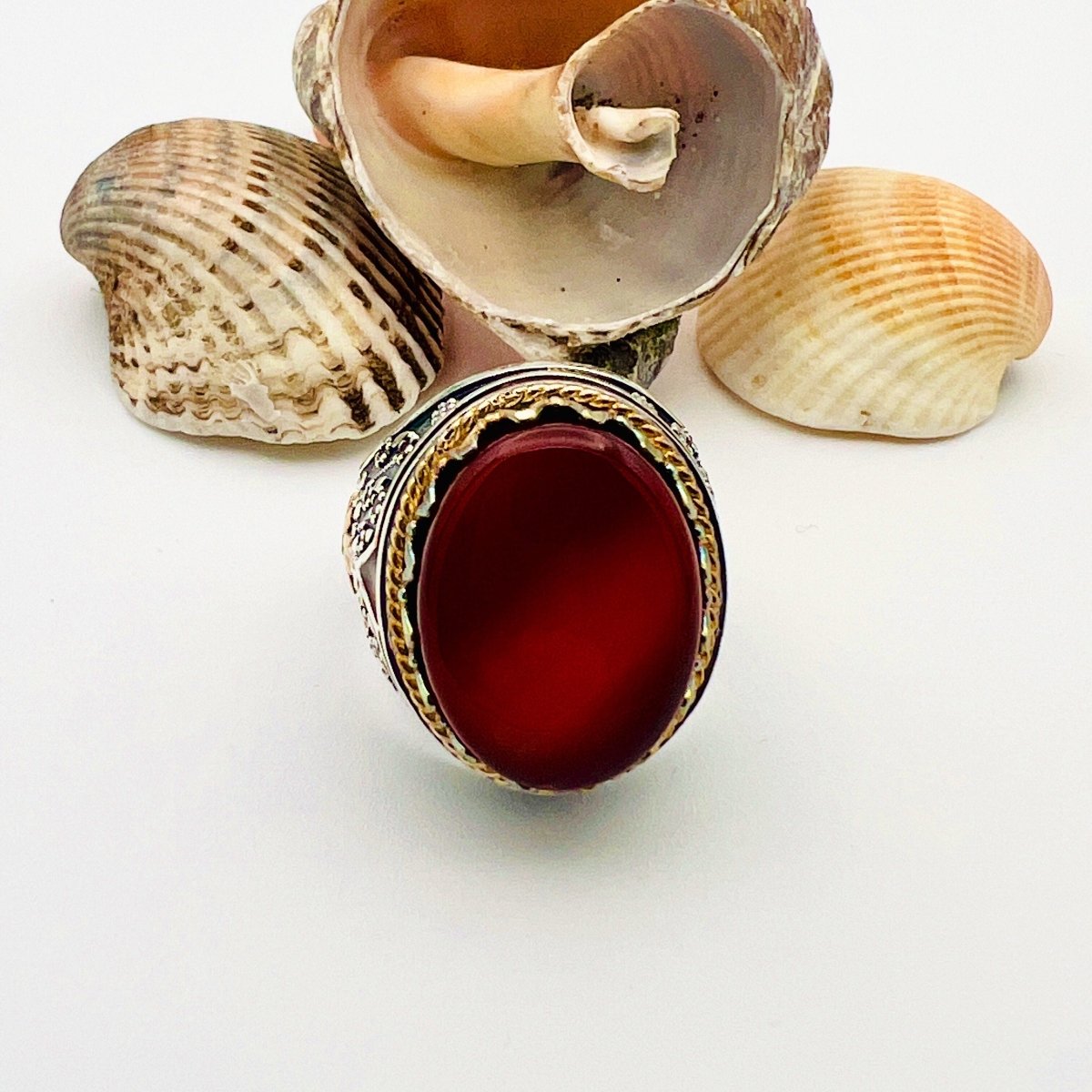 Men's Handmade Yemeni Aqeeq Red Agate Ring - 925 Sterling Silver Ottoman Turkish Design - TryAladdin