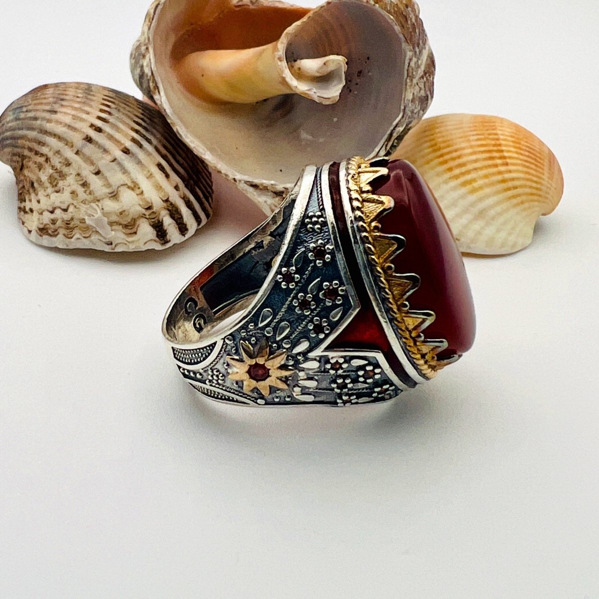 Men's Handmade Yemeni Aqeeq Red Agate Ring - 925 Sterling Silver Ottoman Turkish Design - TryAladdin