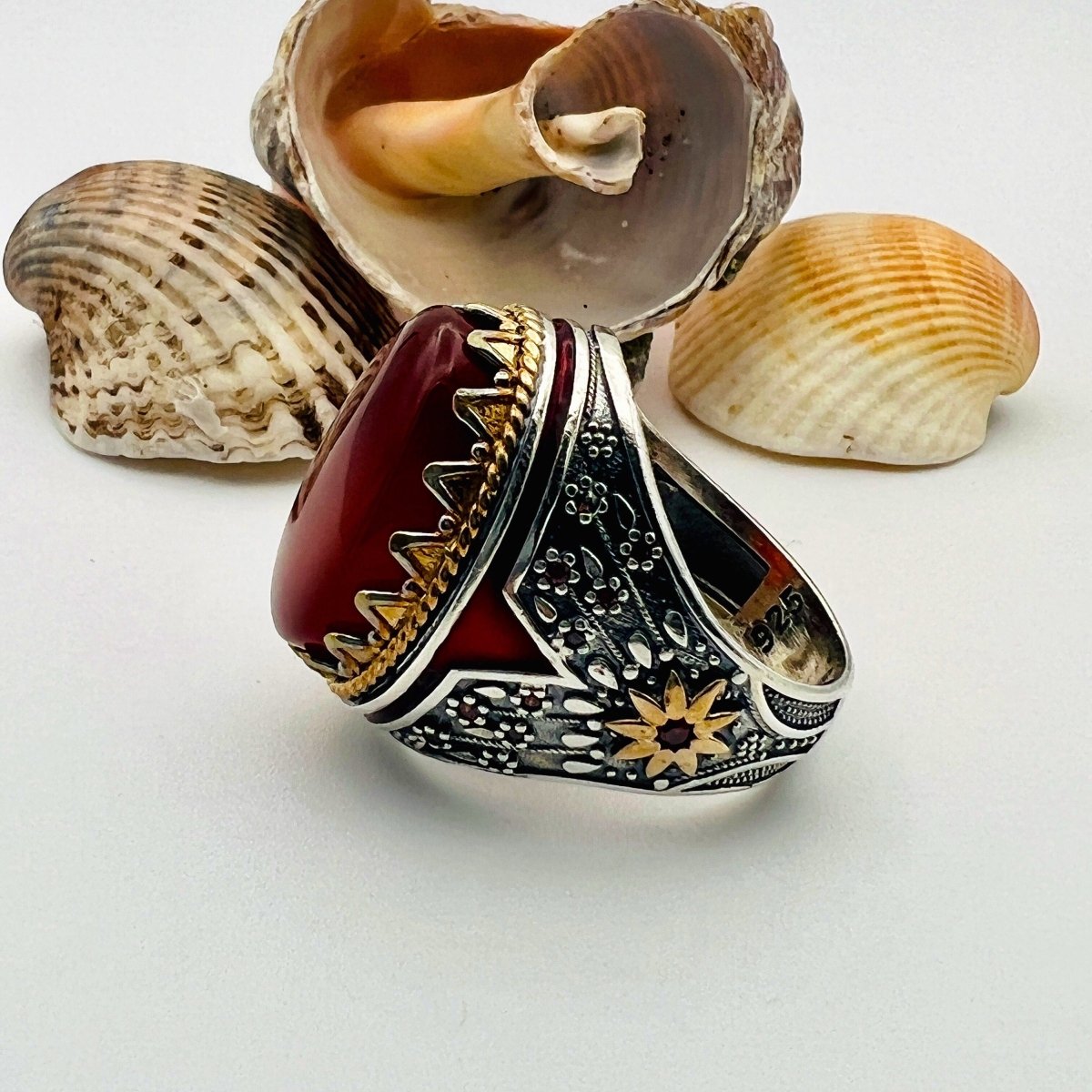 Men's Handmade Yemeni Aqeeq Red Agate Ring - 925 Sterling Silver Ottoman Turkish Design - TryAladdin