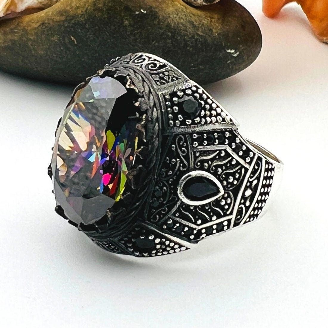 Men's Multicolor Mystic Topaz Stone Silver Ring