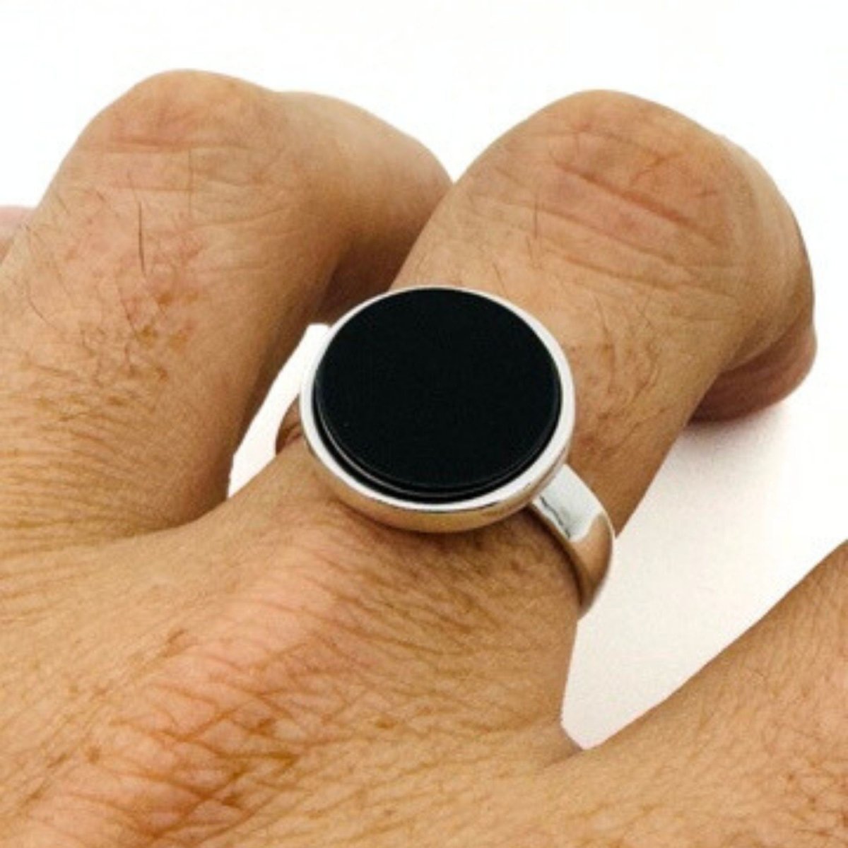 Men's Natural Black Gemstone Silver Ring