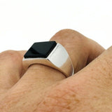 Men's Natural Black Onyx Silver Rectangle Ring