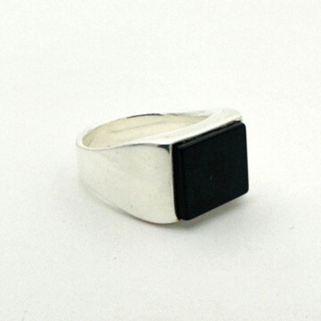 Men's Natural Black Onyx Silver Rectangle Ring