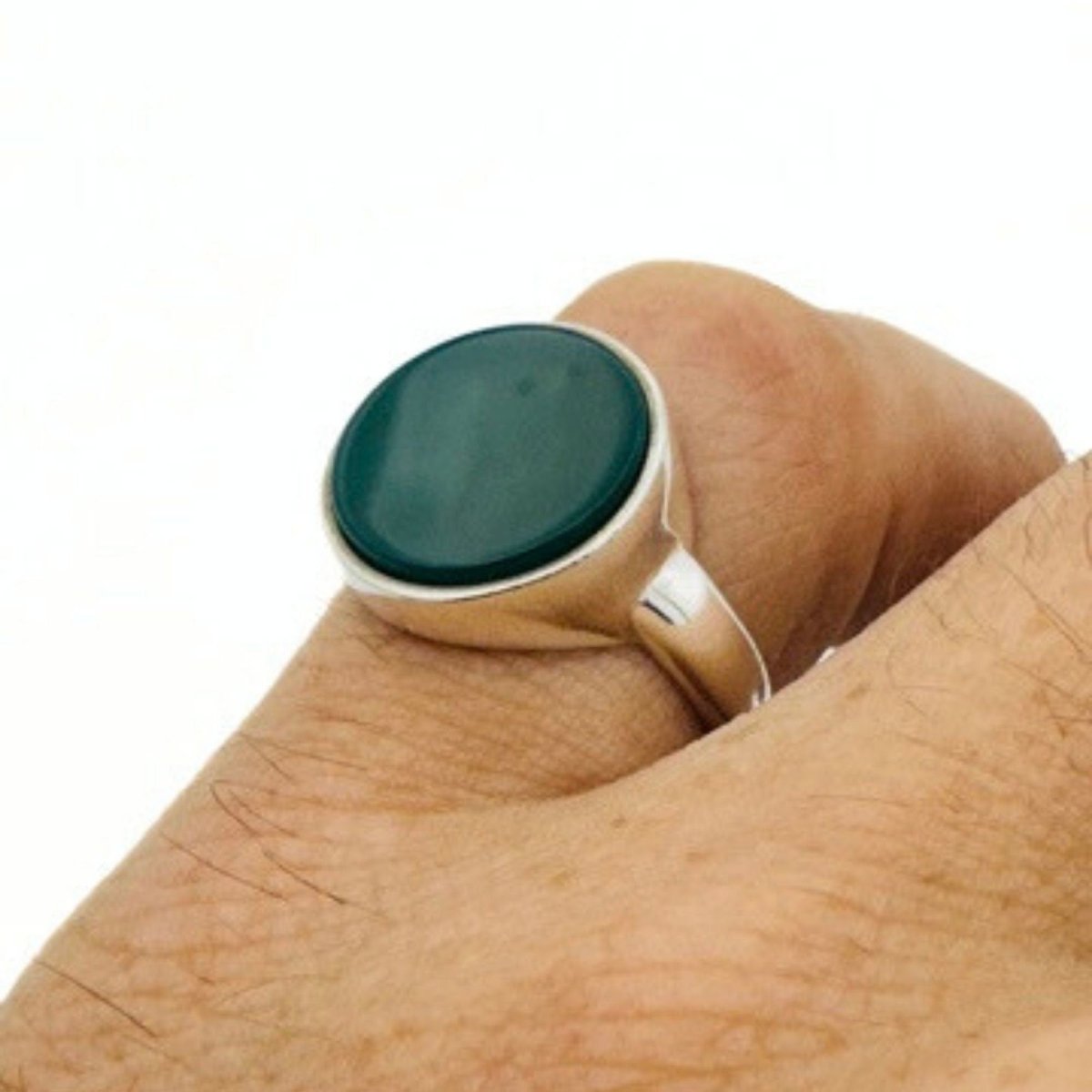 Men's Natural Green Gemstone Silver Ring