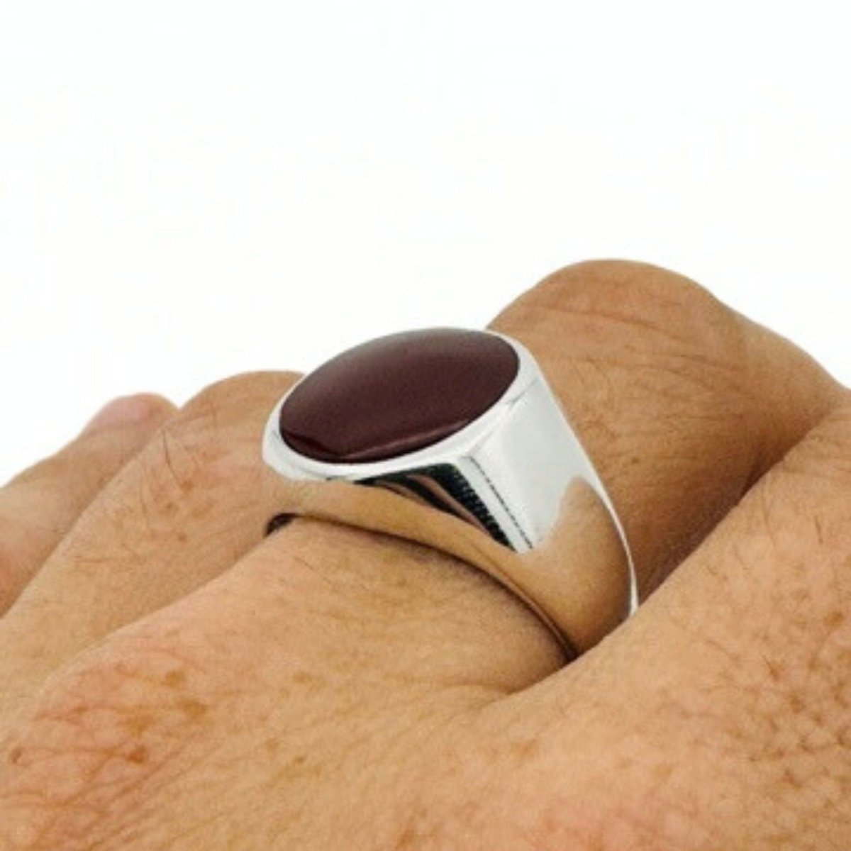 Men's Natural Oval Red Agate Silver Ring