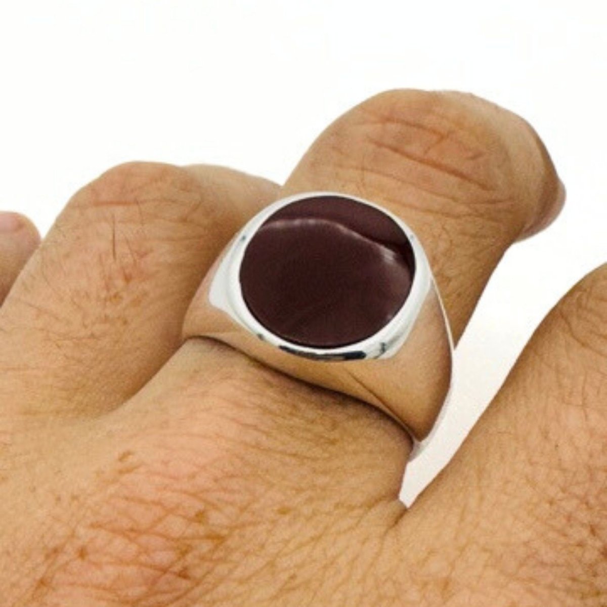 Men's Natural Oval Red Agate Silver Ring