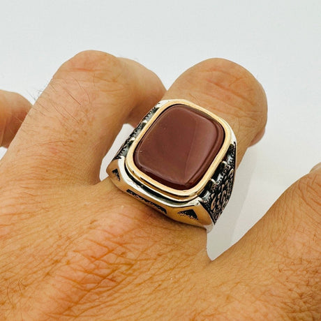 Men's Natural Red Aqeeq Silver Ring