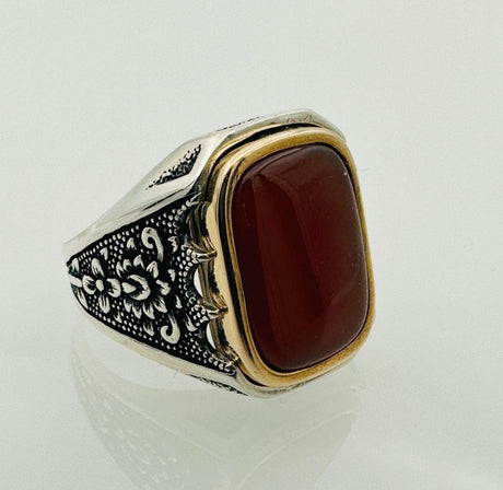 Men's Natural Red Aqeeq Silver Ring