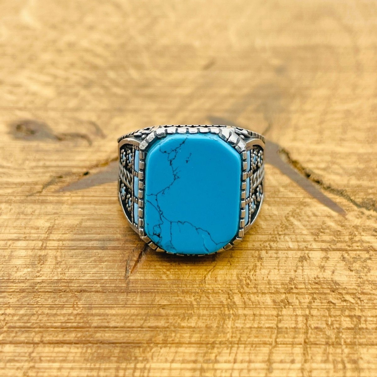 Men's Natural Turquoise Gemstone Square Ring - TryAladdin