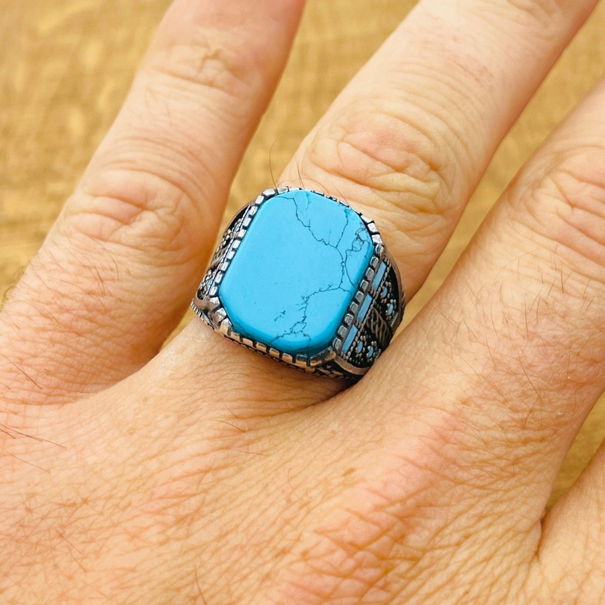 Men's Natural Turquoise Gemstone Square Ring