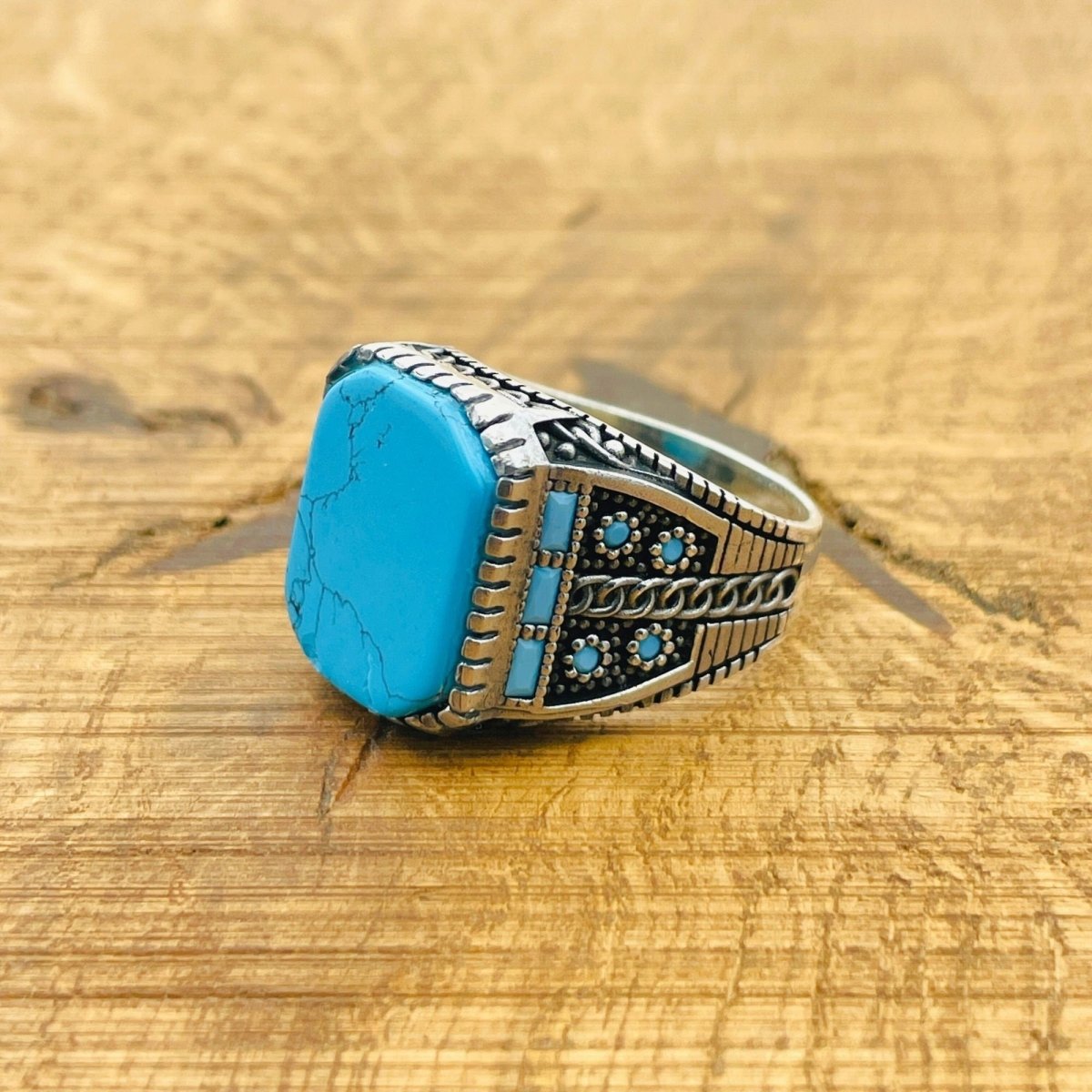 Men's Natural Turquoise Gemstone Square Ring