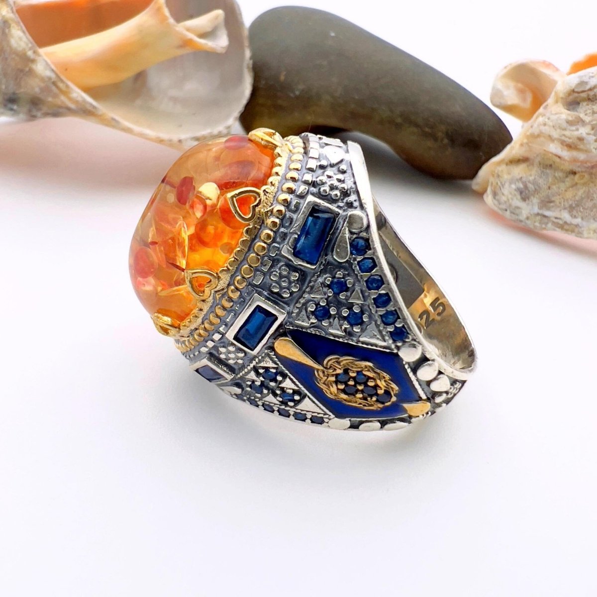 Men's Orange Amber Silver Ring