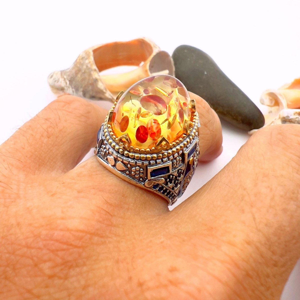 Men's Orange Amber Silver Ring