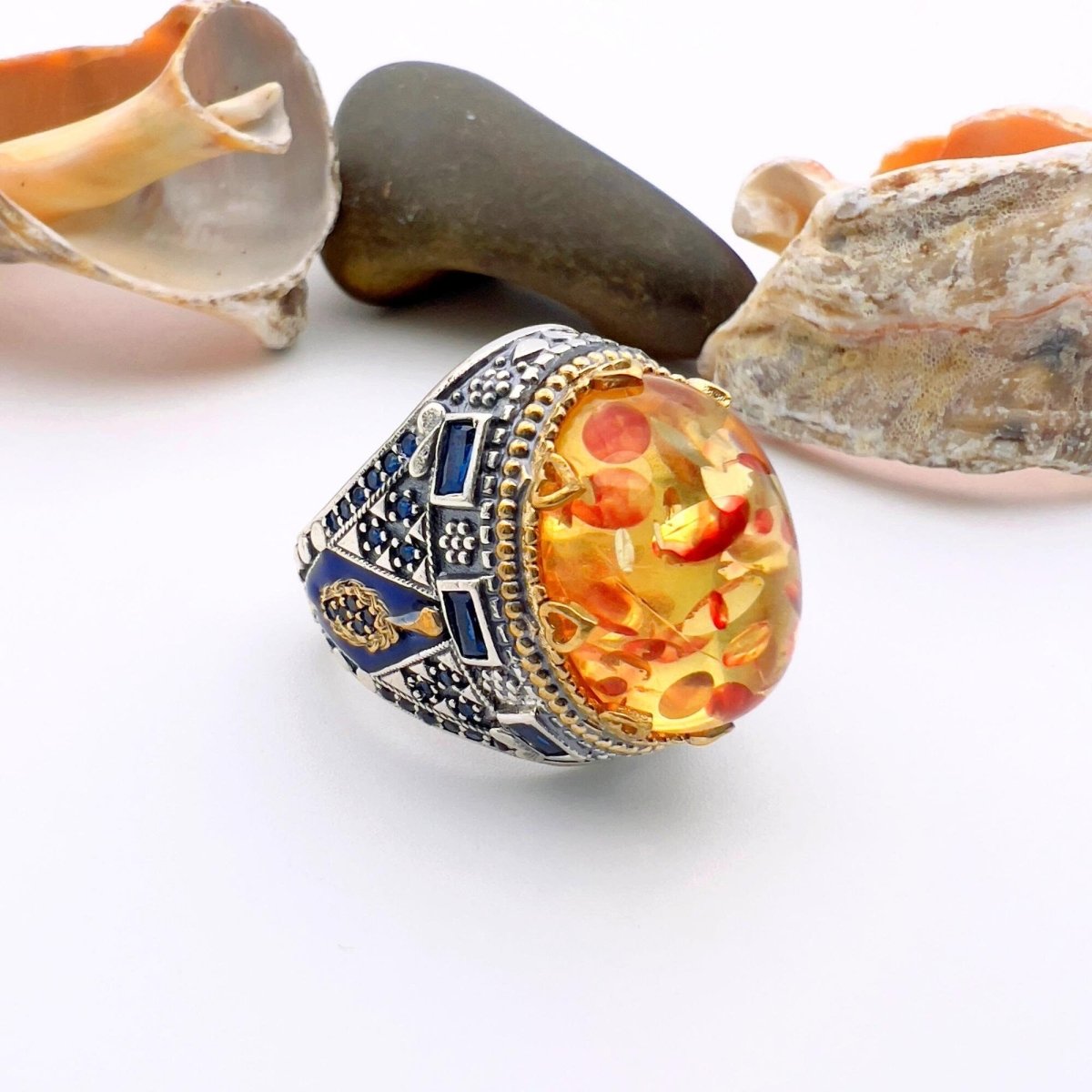 Men's Orange Amber Silver Ring