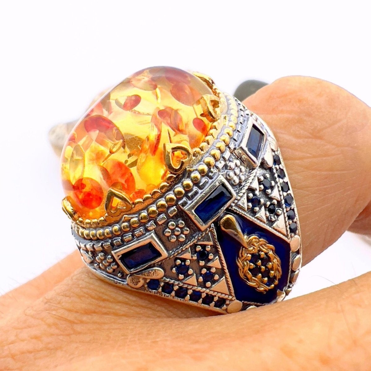 Men's Orange Amber Silver Ring