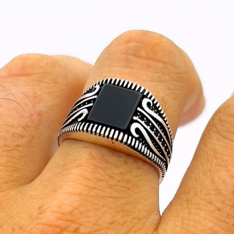 Men's Ottoman Style Black Onyx Square Silver Ring