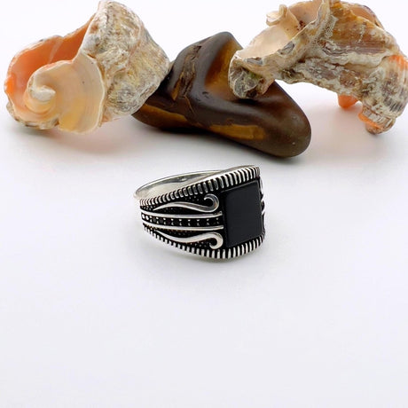 Men's Ottoman Style Black Onyx Square Silver Ring