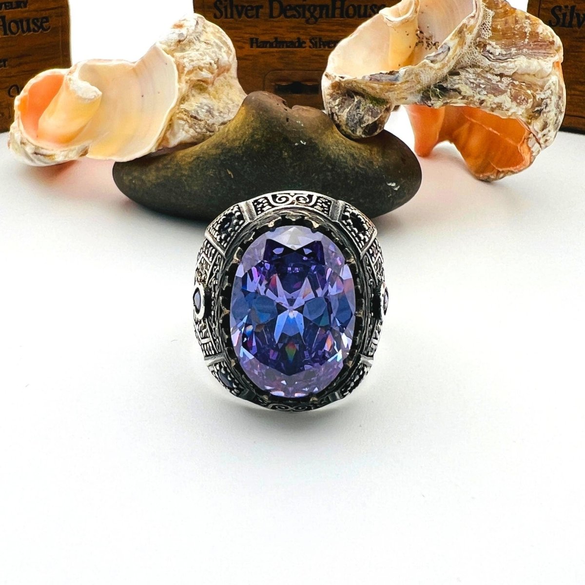 Men's Purple Amethyst Stone Turkish Silver Ring - TryAladdin