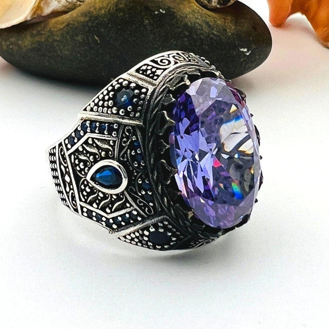 Men's Purple Amethyst Stone Turkish Silver Ring