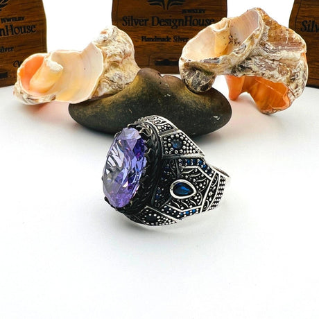 Men's Purple Amethyst Stone Turkish Silver Ring