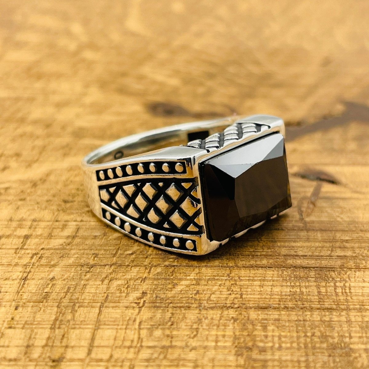 Men's Rectangle Black Onyx Stone Ring