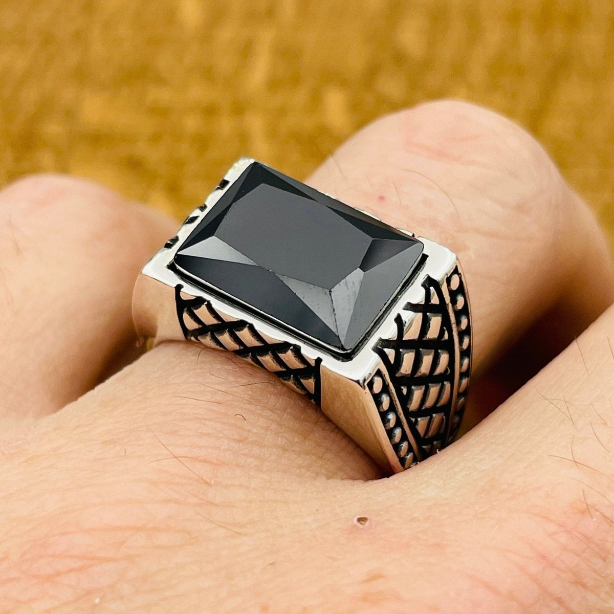 Men's Rectangle Black Onyx Stone Ring