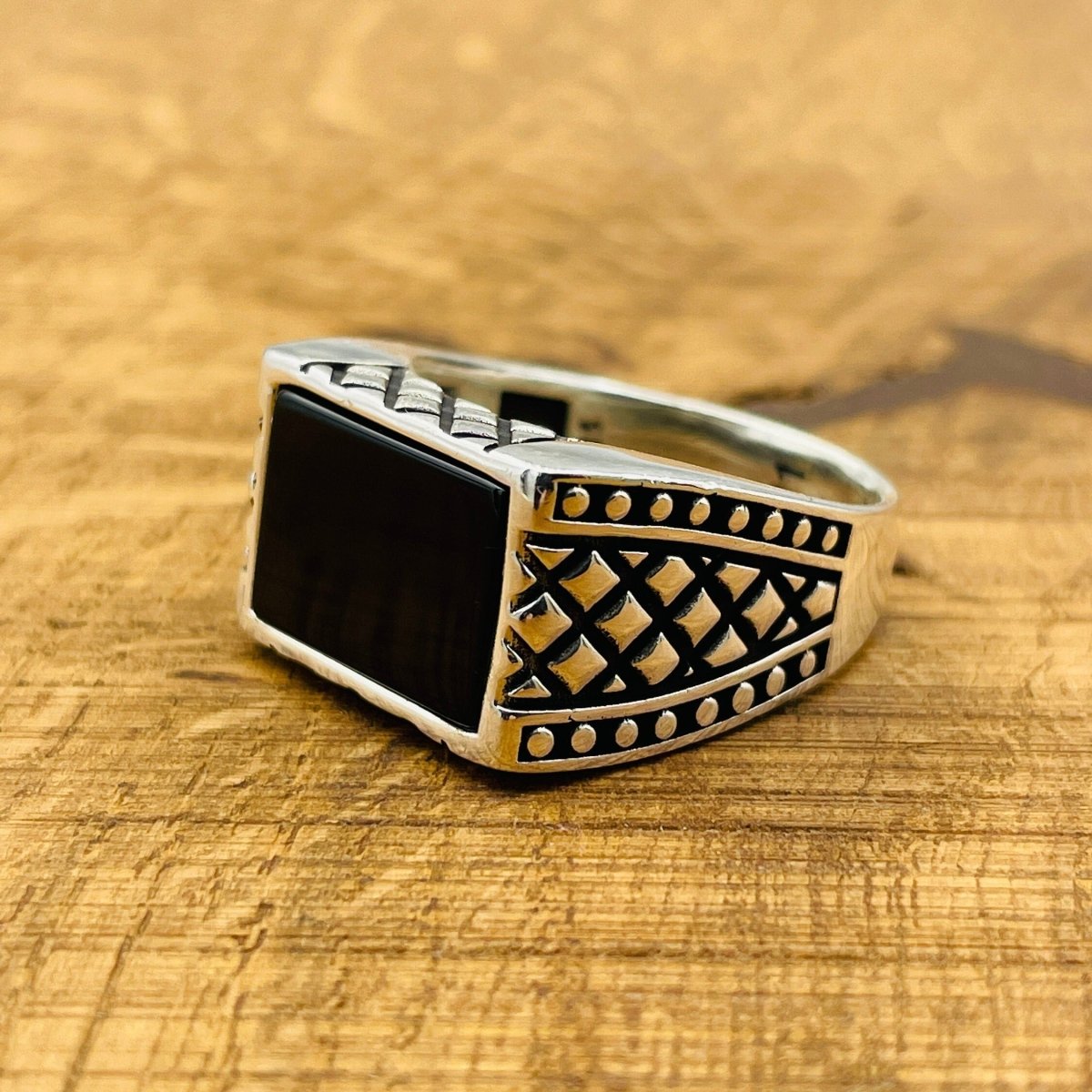 Men's Rectangle Black Onyx Stone Ring