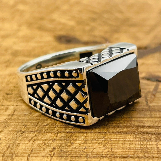 Men's Rectangle Black Onyx Stone Ring