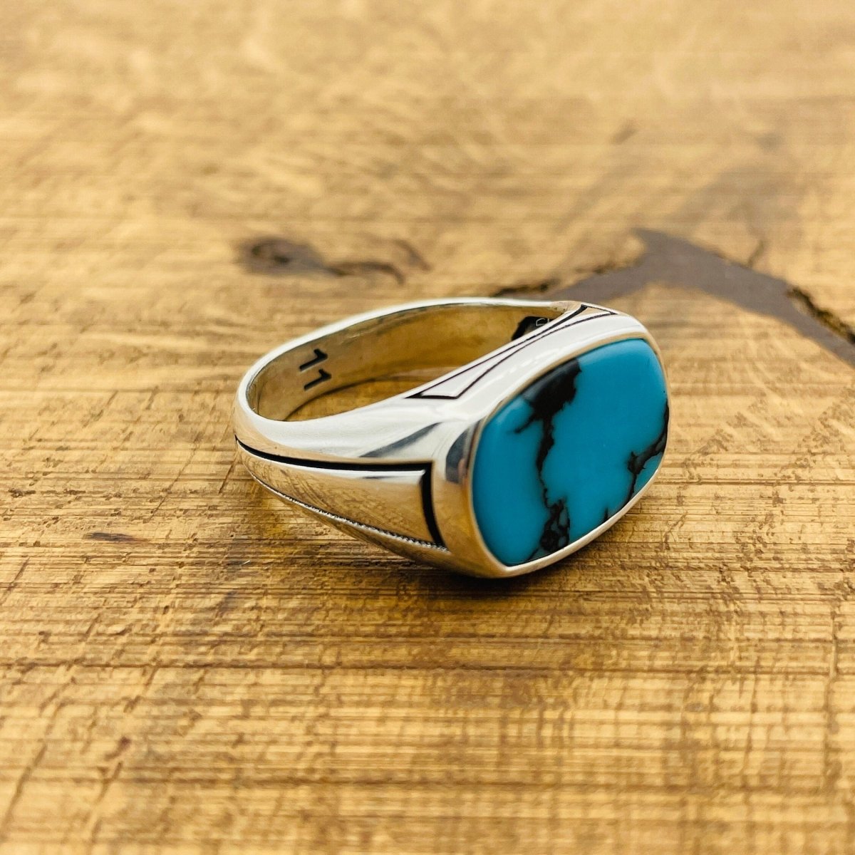 Men's Rectangle Blue Turquoise Stone Ring