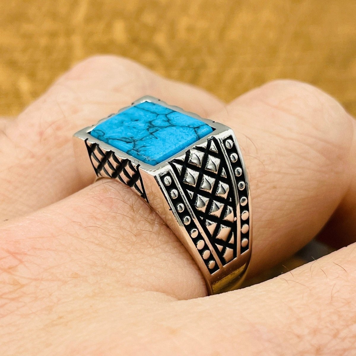 Men's Rectangle Blue Turquoise Stone Ring