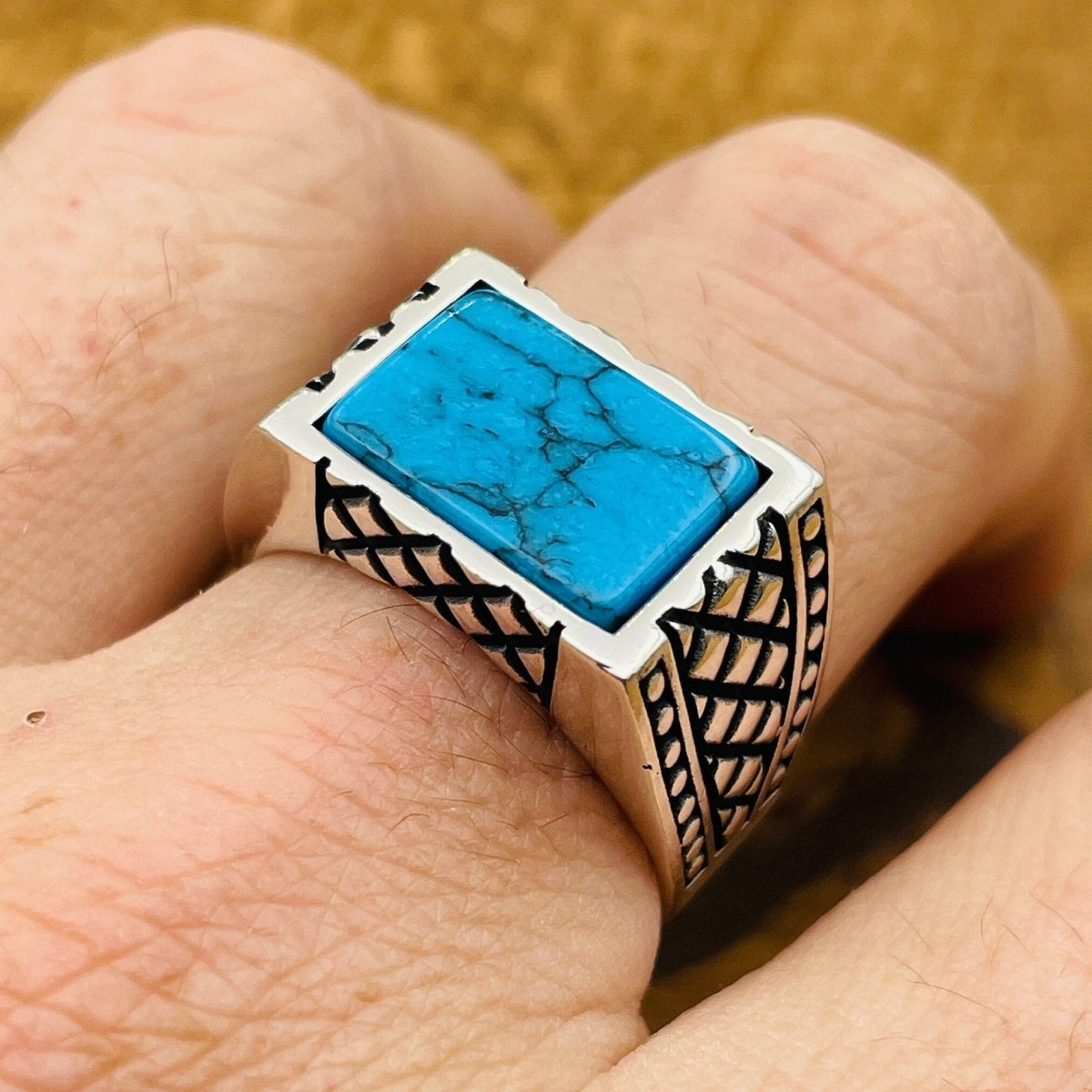 Men's Rectangle Blue Turquoise Stone Ring