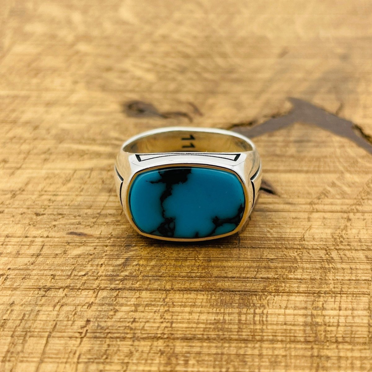 Men's Rectangle Blue Turquoise Stone Ring