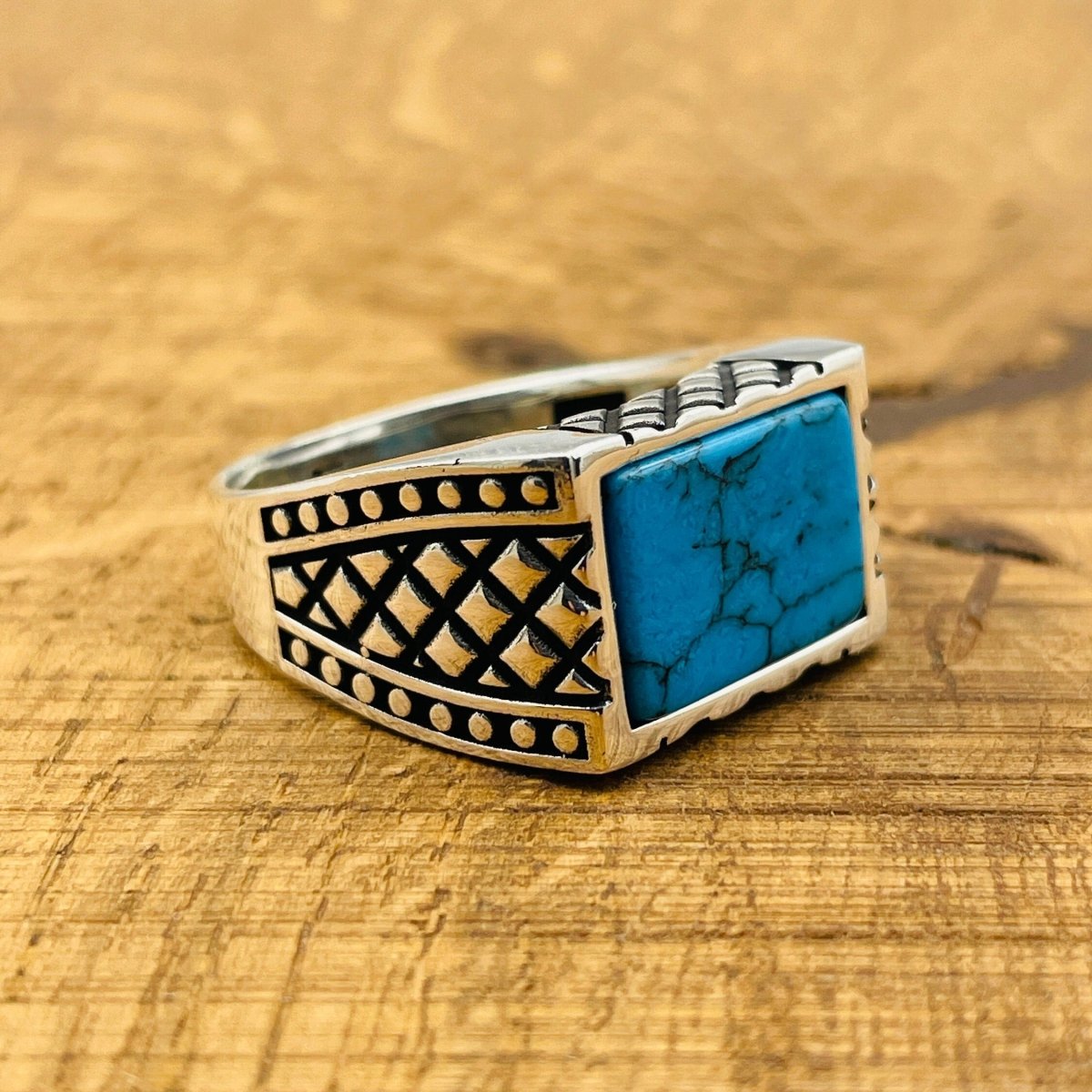 Men's Rectangle Blue Turquoise Stone Ring