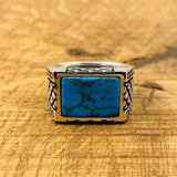 Men's Rectangle Blue Turquoise Stone Ring