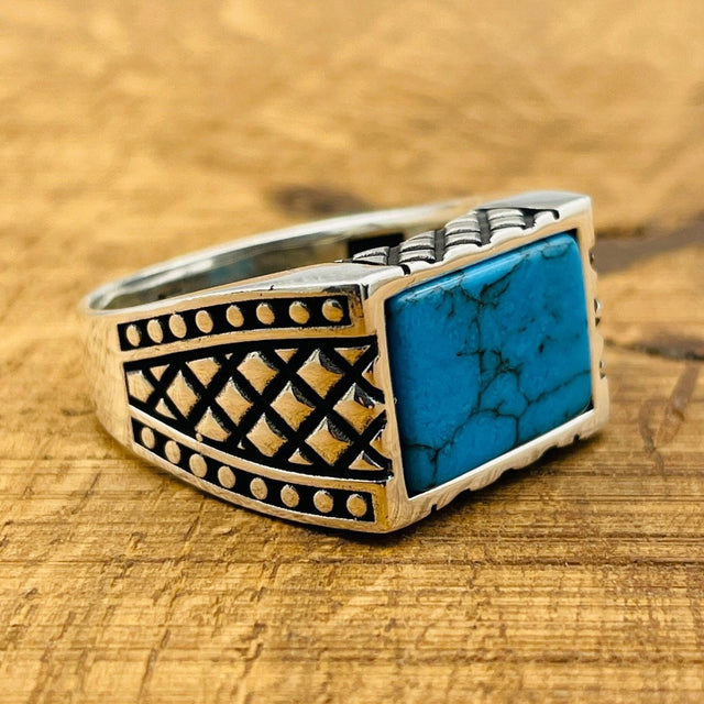 Men's Rectangle Blue Turquoise Stone Ring TryAladdin