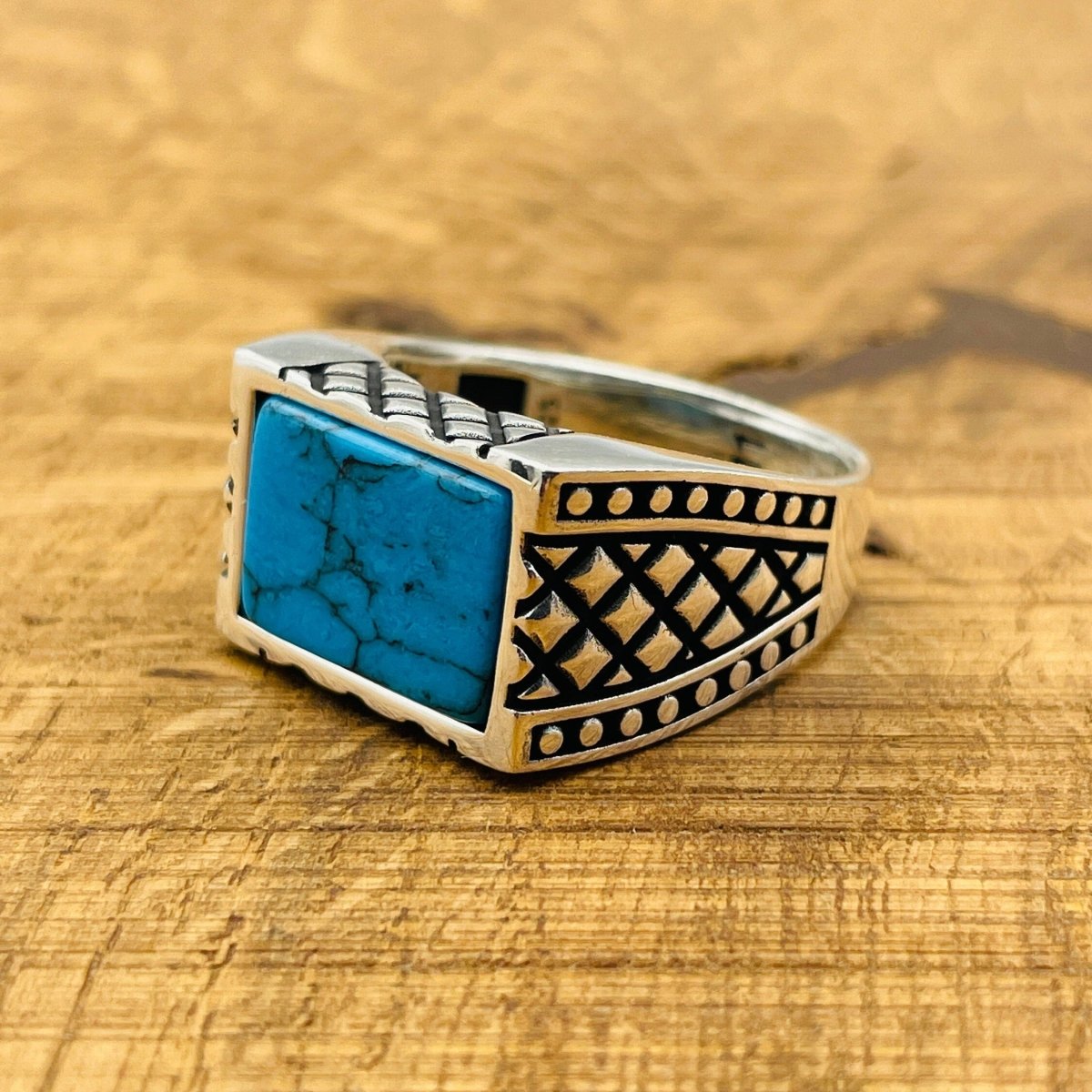 Men's Rectangle Blue Turquoise Stone Ring