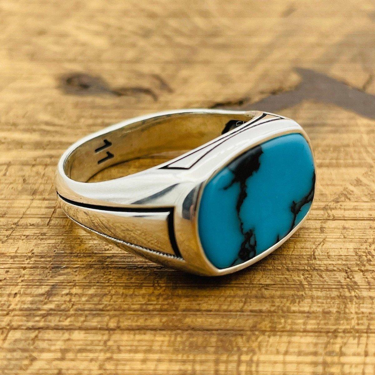 Men's Rectangle Blue Turquoise Stone Ring