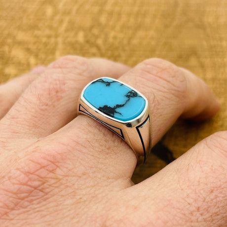 Men's Rectangle Blue Turquoise Stone Ring